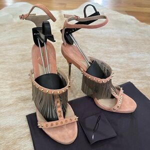 Brian Atwood Gold and Pink Stiletto Heels with Fringe